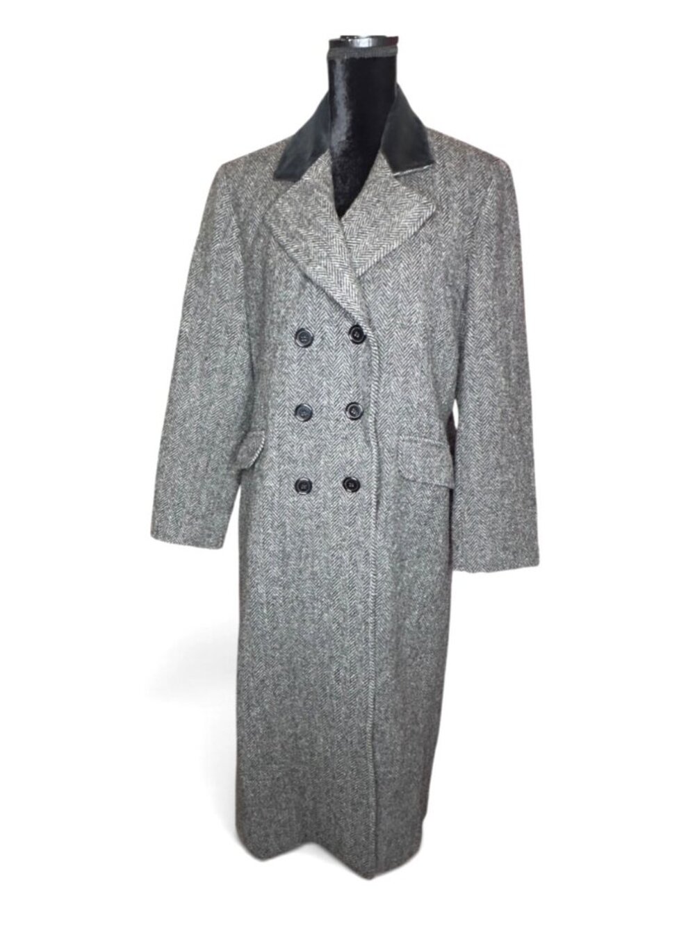 Vintage Karen Wool Herringbone Coat Womens Gray Black Velvet Collar Long